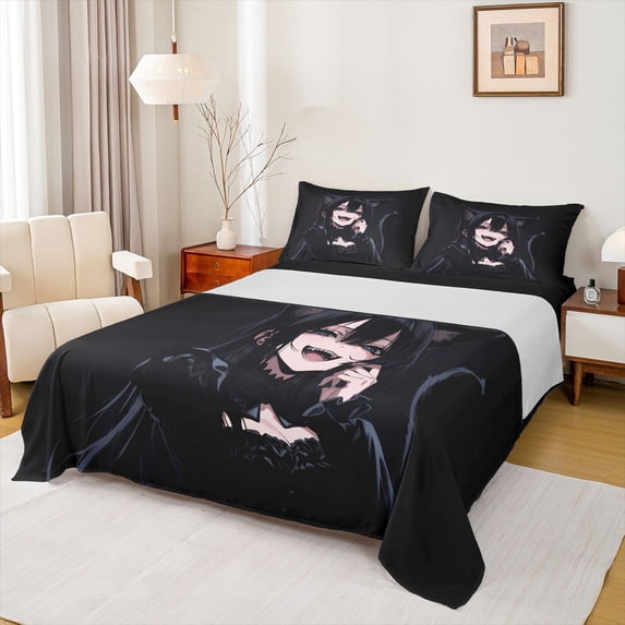 Erosebridal Traditional Japanese Girl Queen Sheet Sets,Kawaii Cartoon Kitten Bed Set For Kids 4pcs