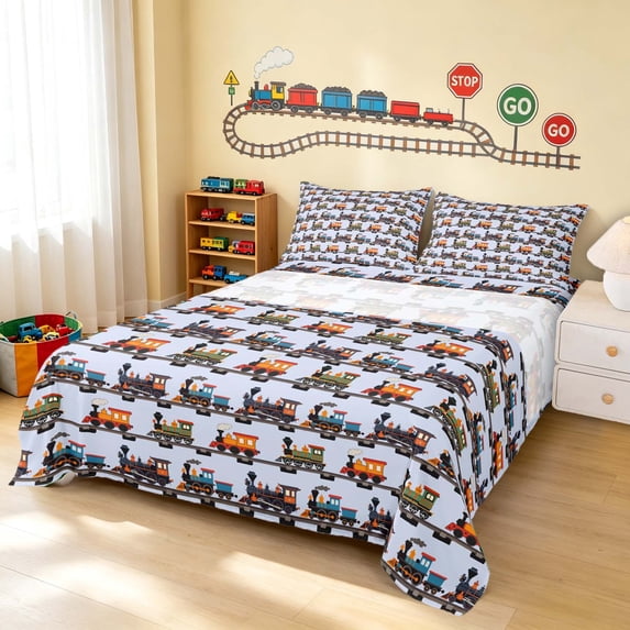 Erosebridal Train Bed Sheets, Colorful Full Size Sheets, Colorful Pattern 4-Piece (1 Flat Sheet, 1 Fitted Sheet and 2 Pillowcases)
