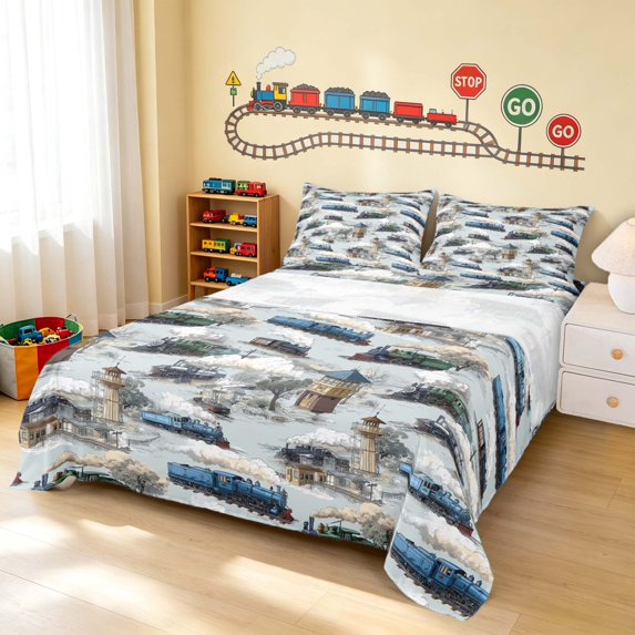 Erosebridal Train Bed Sheets, Winter Full Size Sheets, Winter Train 4 Pieces (1 Flat Sheet, 1 Fitted Sheet and 2 Pillowcases)