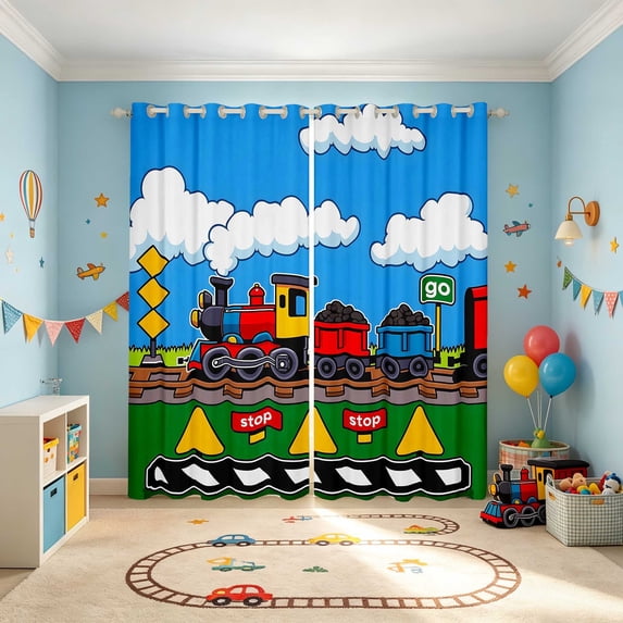 Erosebridal Train Blackout Curtains, Steam Engine Curtains Pack of 2 (42x84 Each), Green Cartoon