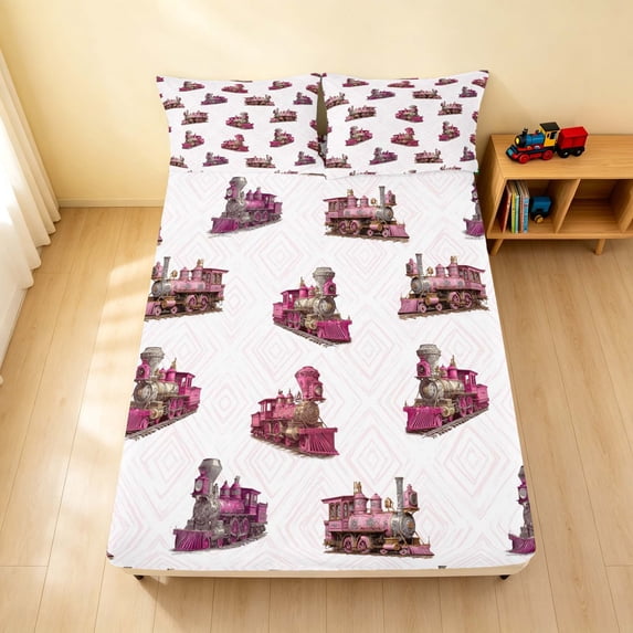Erosebridal Train Fitted Sheet Full, Railroad Bed Set, Pink Pattern 3 Pieces 1 Fitted Sheet and 2 Pillowcases