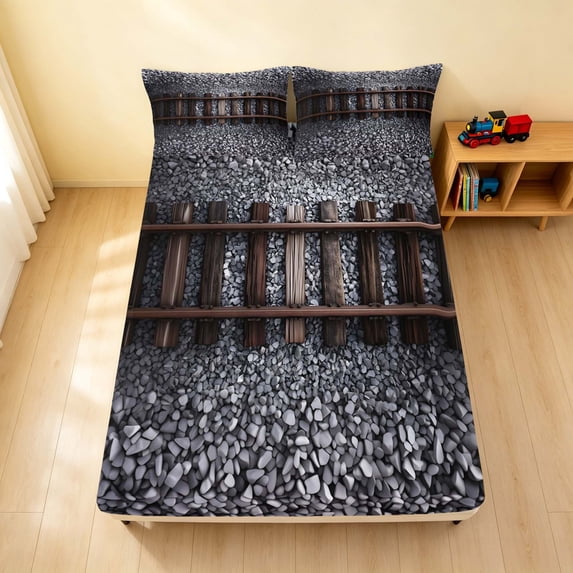 Erosebridal Train Fitted Sheet, Railroad Queen Bedding, Gravel Track 3-Piece 1 Fitted Sheet and 2 Pillowcases