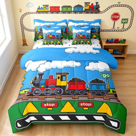 Erosebridal Train Full Size Bedding Sets, Steam Engine Full Size Bed in a Bag, Green Cartoon, Polka Dots Reversible 7pcs