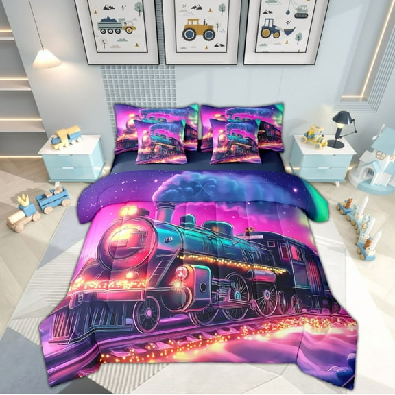 Erosebridal Train Print Bed in a Bag Queen size 7 Pieces, Steam Engine Bed Set, Hot Pink, Reversible
