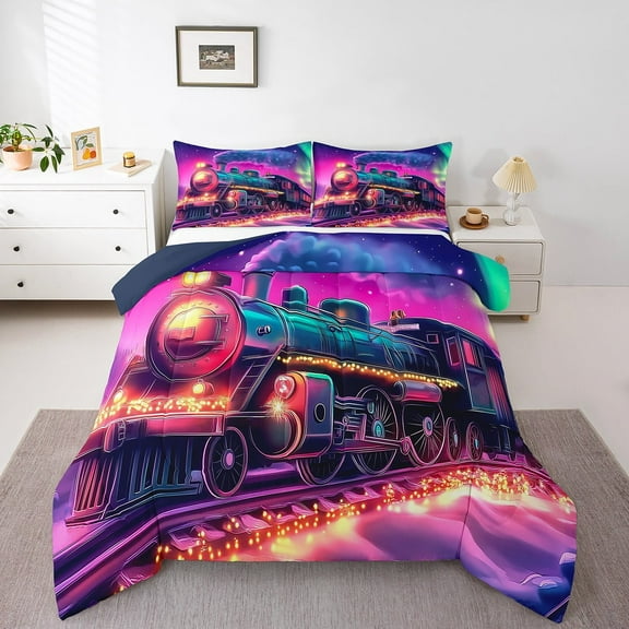 Erosebridal Train Print Comforter Sets Twin Size, Steam Engine Comforters & Duvets, Hot Pink, Reversible, 2 Pieces