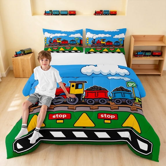 Erosebridal Train Queen Comforter Set, Steam Engine Comforter Sets Queen, Green Cartoon, Polka Dots Reversible 3pcs 1 Comforter and 2 Pillowcases