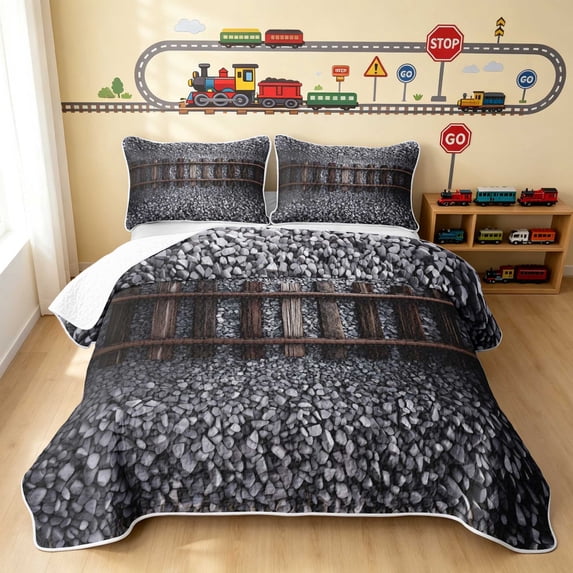 Erosebridal Train Quilt Full, Railroad Full Bedspread Sets, Gravel Track 3 Pieces 1 Coverlet and 2 Pillowcases