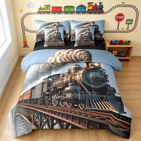 Erosebridal Train Twin Bedding, Steam Engine Bedding Comforter Set, Vintage Steam, Black Reversible 7pcs