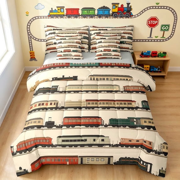 Erosebridal Train Twin Bedding, Steam Engine Bedding Comforter Set, White Pattern, Gray Reversible 7-Piece