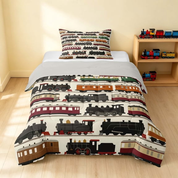 Erosebridal Train Twin Comforter Sets, Railroad Bedding Set, Cream Pattern, Gray Reversible 2-Piece 1 Comforter and 1 Pillowcase