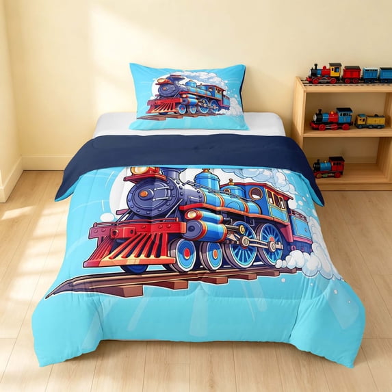 Erosebridal Train Twin Comforter Sets, Steam Engine Bedding Set, Blue Cartoon, Navy Reversible 2pcs 1 Comforter and 1 Pillowcase