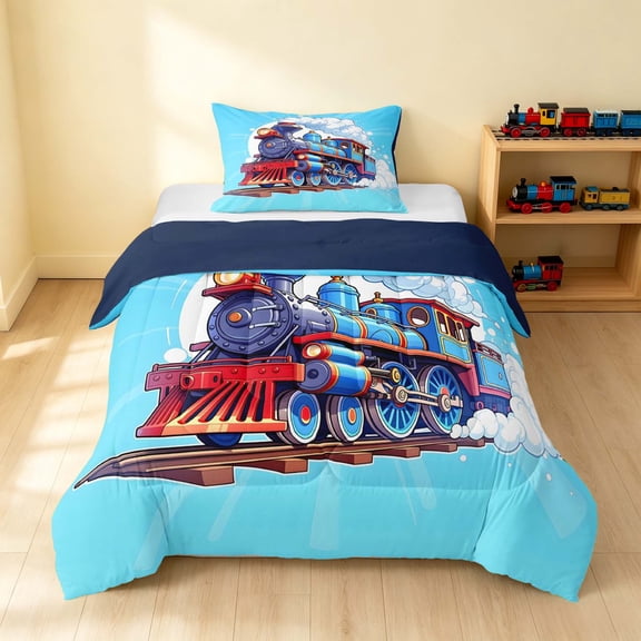 Erosebridal Train Twin Comforter Sets, Steam Engine Bedding Set, Blue Cartoon, Navy Reversible 2pcs 1 Comforter and 1 Pillowcase