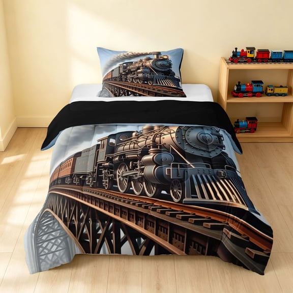 Erosebridal Train Twin Comforter Sets, Steam Engine Bedding Set, Vintage Steam, Black Reversible 2 Pieces 1 Comforter and 1 Pillowcase