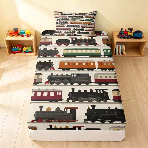Erosebridal Train Twin Fitted Sheet, Railroad Bedding, Cream Pattern 2pcs 1 Fitted Sheet and 1 Pillowcase