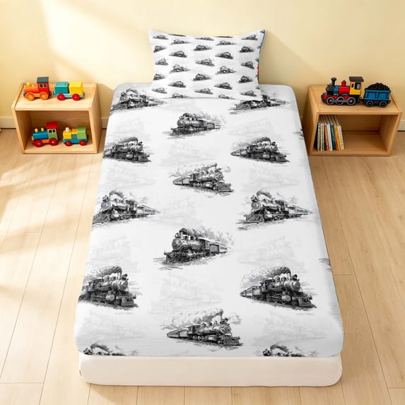 Erosebridal Train Twin Fitted Sheet, Railroad Bedding, Gray Pattern 2pcs 1 Fitted Sheet and 1 Pillowcase