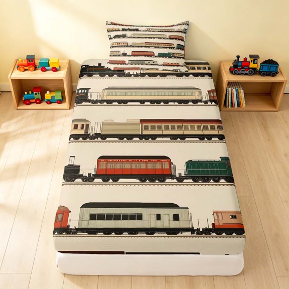 Erosebridal Train Twin Fitted Sheet, Steam Engine Bedding, White Pattern 2pcs 1 Fitted Sheet and 1 Pillowcase