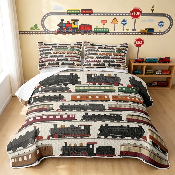 Erosebridal Train Twin Quilt Set, Railroad Twin Coverlet Set, Cream Pattern 2 Pieces 1 Bedspread and 1 Pillowcase