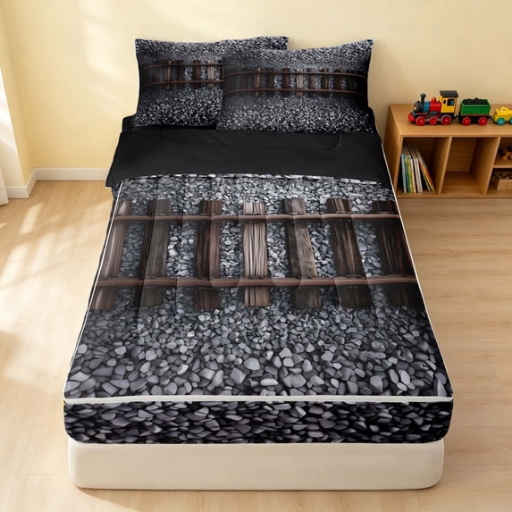 Erosebridal Train Zipper Full Size Comforter Sets with Fitted Sheet and 2 Pillowcases, Railroad Zipper Bedding Set, Gravel Track, Black Reversible