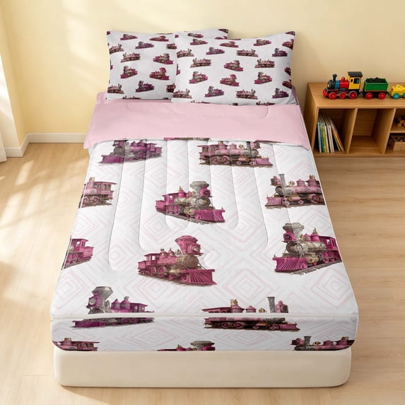 Erosebridal Train Zipper Twin Comforter Sets with Fitted Sheet and 2 Pillowcases, Railroad Zipper Bedding Set, Pink Pattern, Pink Reversible
