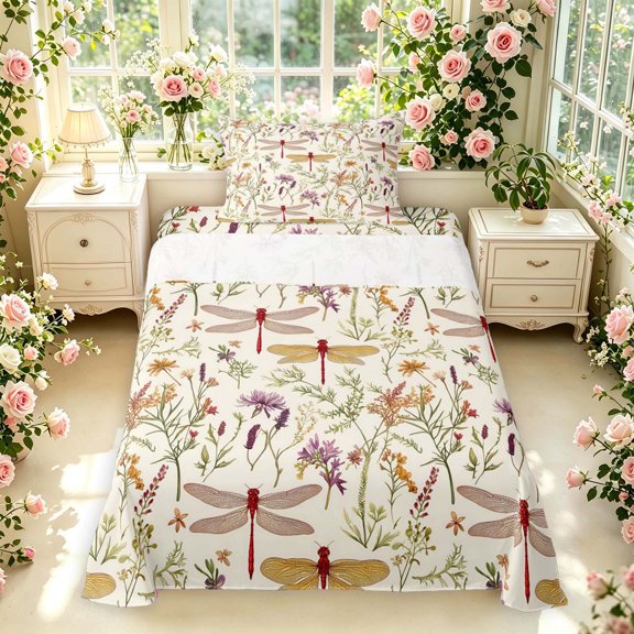 Erosebridal Transitional Dragonfly Twin Sheets,Elegant Flowers Bedding,Cream Purple,3-Piece,1 Flat Sheet,1 Fitted Sheet and 1 Pillowcase