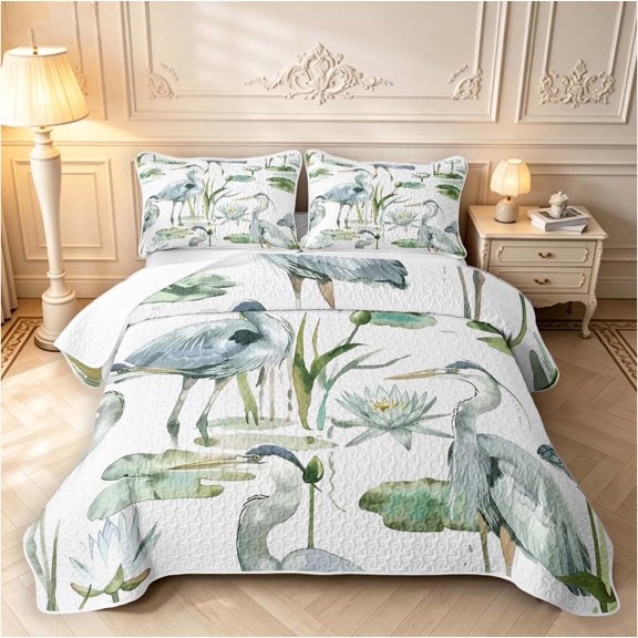 Erosebridal Transitional Heron Bird Bed Spread Queen,Dreamy Animals Queen Coverlet Set,White Gray,3 Pieces,1 Quilt and 2 Pillowcases