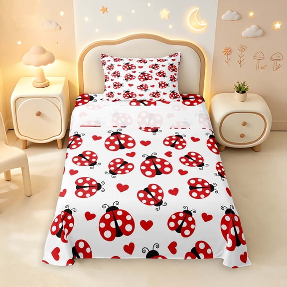 Erosebridal Transitional Ladybug Twin Sheets,Elegant Heart Print Bedding,White Red,3pcs,1 Flat Sheet,1 Fitted Sheet and 1 Pillowcase