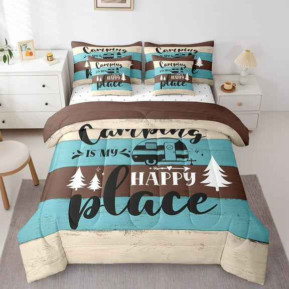 Erosebridal Travel Car Camping Bedding Queen Size, Wooden Plank Bedding Sets Queen Size, Camp Camper Decor, Reversible 7pcs