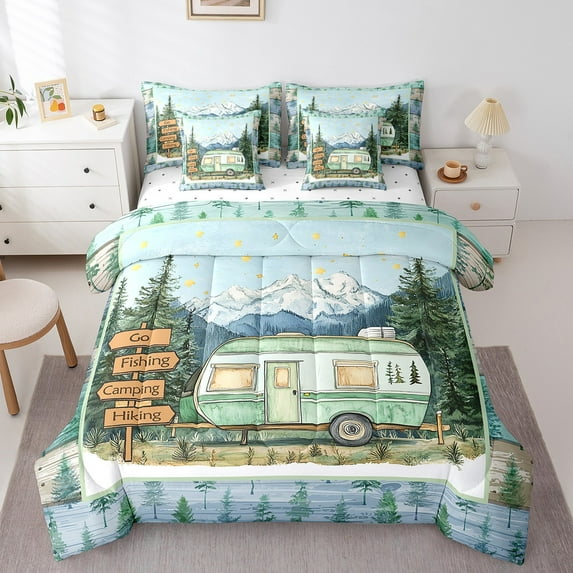 Erosebridal Travel Car Camping Bedding Sets King Size, Lodge Carbin Comforter Sets with Sheets, Rustic Fishing Decor, Reversible 7pcs