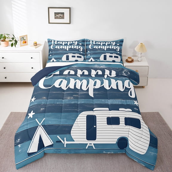 Erosebridal Travel Trailer Camper Bedding Full Comforter Set, Happy Camping Theme Down Comforter, Jungle Adventure Bedding Sets Full with Comforter, Lightweight Room Decoration, 3 Pieces