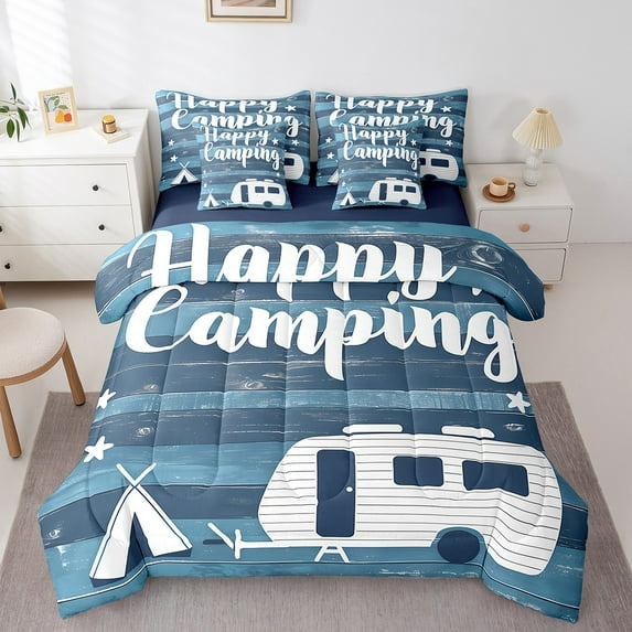 Erosebridal Travel Trailer Camper Bedding Twin Size, Happy Camping Theme Comforter Sets with Sheets, Jungle Adventure Duvet Set, Lightweight Room Decoration, Reversible 7-Piece
