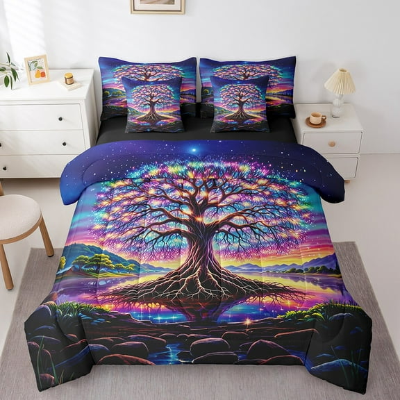 Erosebridal Tree Of Life Bed in a Bag Twin Size,Colorful Galaxy Aurora Bed Set,Starry Sky Bedding Twin Size,Lightweight Bedroom Decoration Reversible,7 Pieces