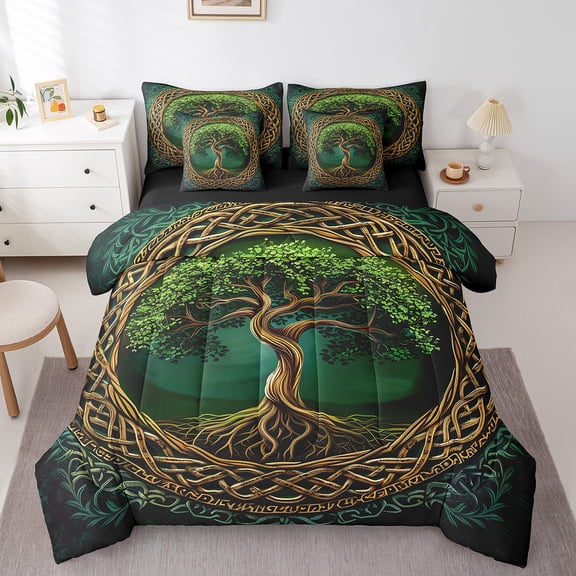 Erosebridal Tree Of Life Bedding King Size,Bohemian Hippie Bed Set,Green Brown Bedding Sets King Size For Men Woemn Microfiber Bedroom Decor Reversible,7pcs