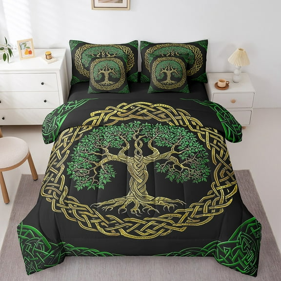 Erosebridal Tree Of Life Bedding Queen Size,Black Green Golden Bedding Sets Queen Size,Ancient Viking Comforter Sets with Sheets,Breathable Teens Bedroom Decor,Reversible,7 Pieces
