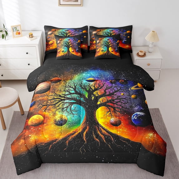 Erosebridal Tree Life Tree Bedding, Outer Space Bed in a Bag, Glitter Galaxy Reversible Bed Set, Ultra Soft Bedroom Decorative, 7pcs