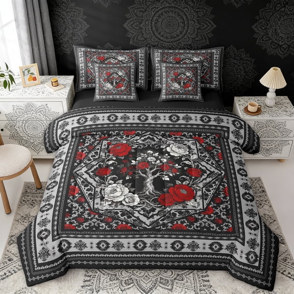 Erosebridal Tree of Life Bedding Comforter Set, Bohemian Aztec Mandala Full Bedding Set, Black Gray Red, Black Reversible 7pcs