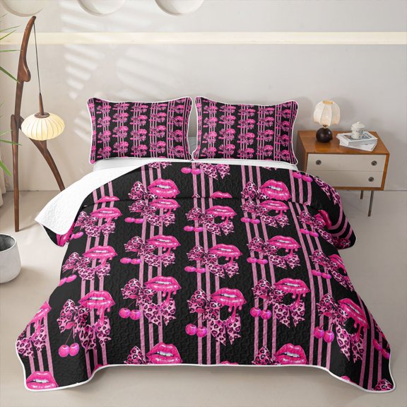 Erosebridal Trendy Leopard Bow Lip Bed Spread Queen for Girls, Black Pink Stripe Queen Coverlet Set, 3 Pieces