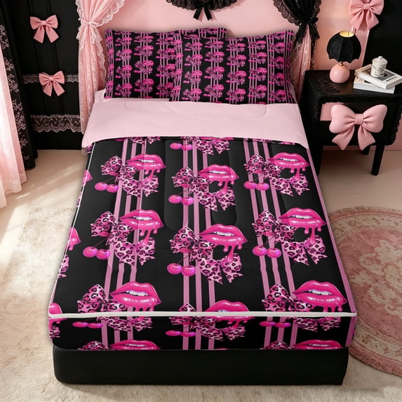 Erosebridal Trendy Leopard Bow Lip Zipper Twin Comforter Sets with Fitted Sheet and 2 Pillowcases for Girls, Black Pink Stripe Zipper Bedding Set, Pink Reversible, 4 Pieces