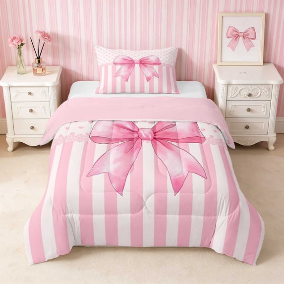 Erosebridal Trendy Satin Bow Ribbon Twin Comforter Sets for Girls, Romantic Floral Print Bedding Set, Pink Reversible 2 Pieces 1 Comforter and 1 Pillowcase
