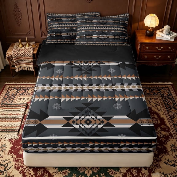 Erosebridal Tribal Abstract Zipper Queen Comforter Set with Fitted Sheet and 2 Pillowcases for Women Men, Rustic Arrow Print Zipper Bedding Set, Black Reversible, 4pcs