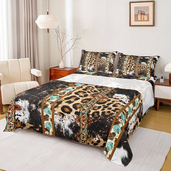 Erosebridal Tribal Aztec Bed Sheets, Leopard Cheetah Print King Sheets, 4pcs