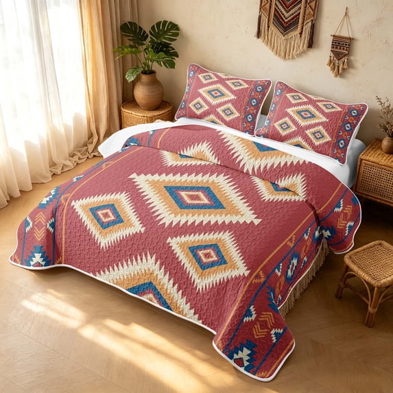 Erosebridal Tribal Aztec Bed Spread Queen, Geometric Stripe Queen Coverlet Set, Rust Red Navy Cream 3-Piece, 1 Quilt and 2 Pillowcases