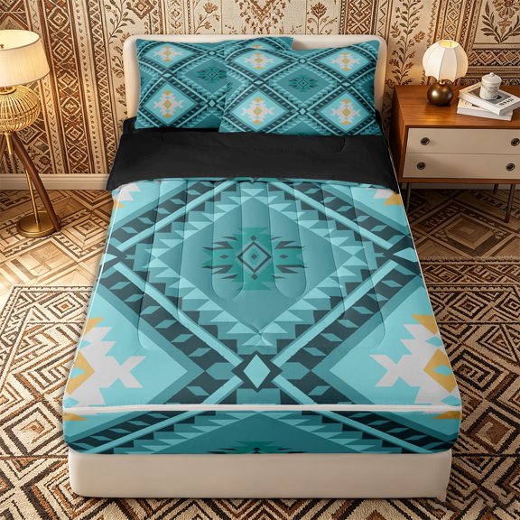 Erosebridal Tribal Aztec Zipper Twin Comforter Sets with Fitted Sheet and 2 Pillowcases,Bohemian Geometric Zipper Bedding Set,Teal Gold White,Black Reversible