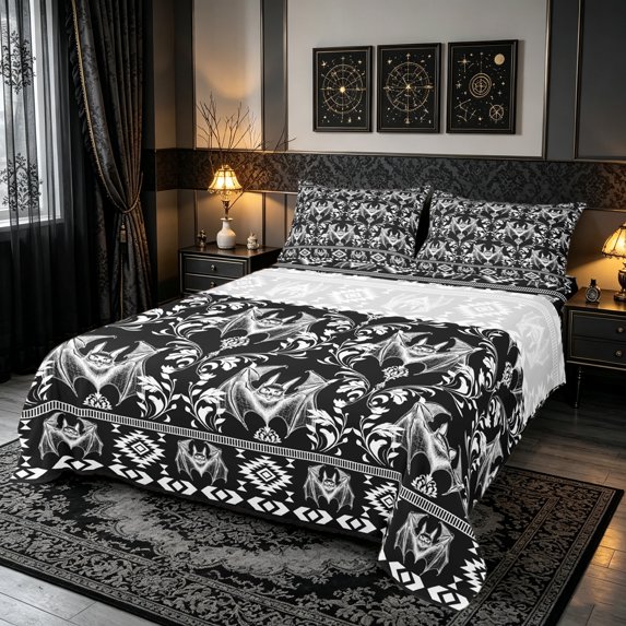 Erosebridal Tribal Bat Bed Sheets, Western Boho Damask Full Size Sheets, Dark Gray Black, Black Reversible, 4-Piece, 1 Flat Sheet, 1 Fitted Sheet and 2 Pillowcases