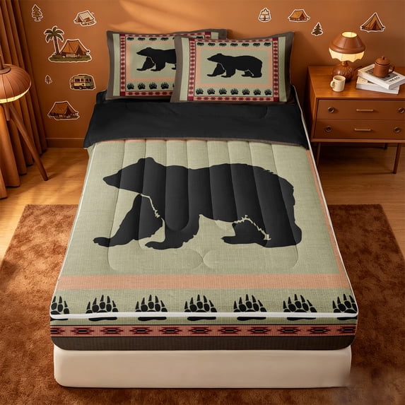 Erosebridal Tribal Bear Zipper Queen Comforter Set with Fitted Sheet and 2 Pillowcases,Paw Print Southwest Zipper Bedding Set For Boys,Black Reversible,4 Pieces