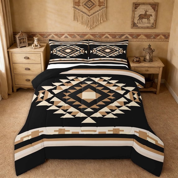 Erosebridal Tribal Diamond Full Size Comforter Sets for Men and Women, Beige Black Tan Southwestern Bedding Sets, 3-Piece 1 Comforter and 2 Pillowcases
