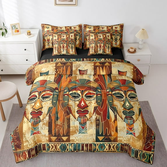 Erosebridal Tribal Face Print Bedding King Size, Folk Art Bed in a Bag King size, Aztec Geometric Decor, Reversible