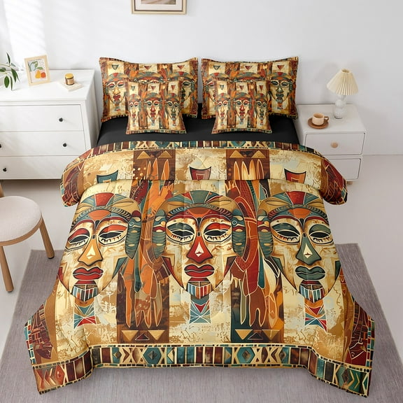 Erosebridal Tribal Face Print Bedding Twin Size, Folk Art Bed in a Bag Twin size, Aztec Geometric Decor, Reversible