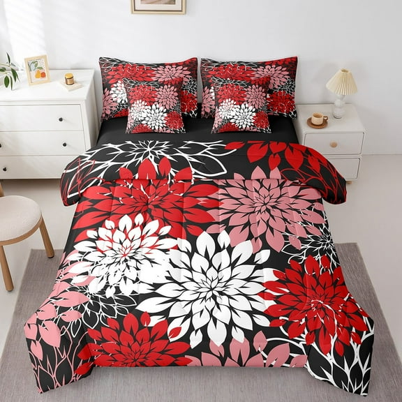 Erosebridal Tribal Flower Bedding Sets Queen Size, Red White Comforter Sets with Sheets, Boho Damask Decor, Reversible 7pcs