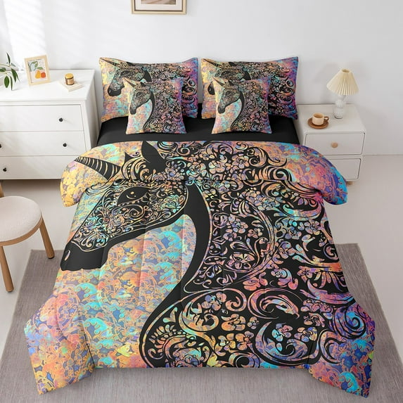 Erosebridal Tribal Horse Print Bed in a Bag, Damask Flower Bed Set, Boho Mandala Reversible Comforter Sets, Microfiber Bedroom Decoration, 7pcs