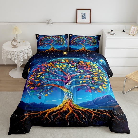 Erosebridal Tribal Life Tree Bedding Sets King with Comforter, Psychedelic Moon Comforter Sets King Size, Retro Bohomian Reversible Duvet Insert, Microfiber Bedroom Decoration, 3pcs